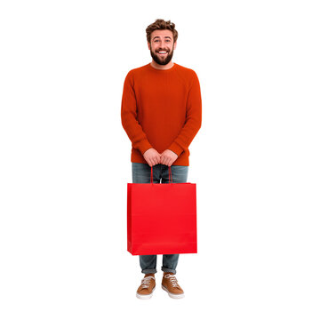 happy man with a shopping bag with red t shart isolated on transparent background, Clipart png