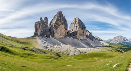 Obraz premium Panoramic view of towering rocky mountains amidst lush green fields under clear sky