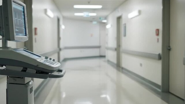 Brightly Lit Hospital Corridor with Medical Equipment and White Walls and Shiny Floor