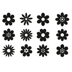Set of black flower silhouettes in various petal shapes, simple floral icons on a white background for decoration or design.