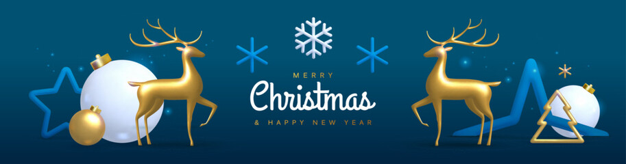Christmas holiday blue background with 3D plastic and metallic baubles, deer figurines and toys. Christmas greeting card, poster, banner. Vector illustration