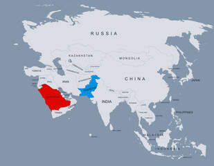 Political Map of Pakistan and Saudi Arabia with Major Cities Highlighted
