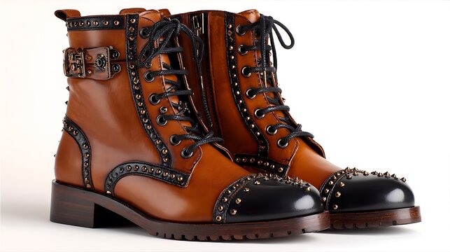 Ornate studded leather combat boots with buckles and laces on white background - Powered by Adobe