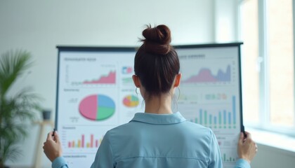 Woman stands in front of a presentation board with graphs and charts, discussing business growth. She is in a modern office space with a plant.