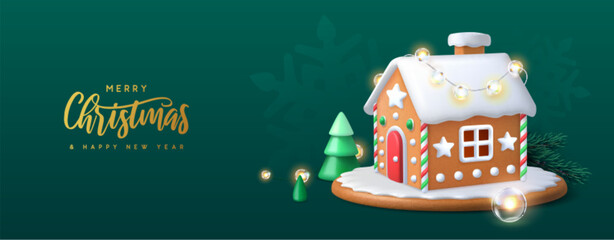 Merry Christmas and Happy New Year banner with 3d gingerbread house, Christmas tree and string of lights on green background. Vector illustration