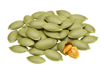 Heap of green pumpkin seeds, some cracked open with orange seeds inside isolated on transparent background, healthy snack PNG
