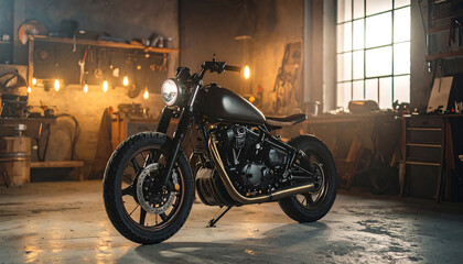 ガレージ倉庫の中で静かに輝くカスタムバイクがクラフトマンシップを象徴する一枚