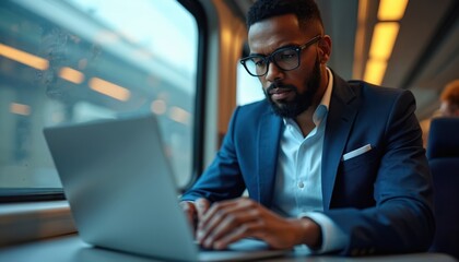 Businessman works on laptop in train. Man in blue suit and glasses uses computer for work. Professional travels by high speed train and types on keyboard.