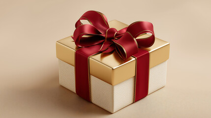 Obraz premium Elegant gold gift box with red ribbon present celebration birthday holiday
