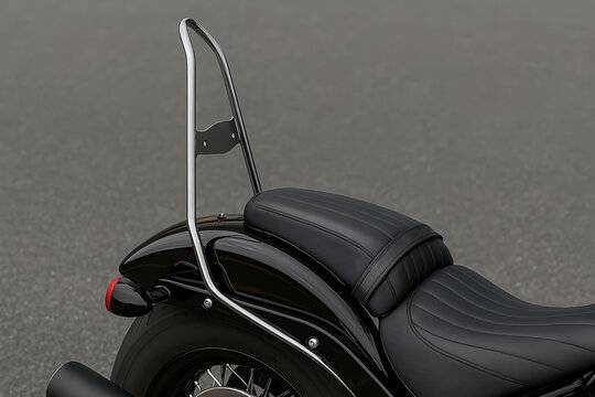 バイクのリアに輝くシルバーのシーシーバーと光沢ある黒塗装が作る美しいライン