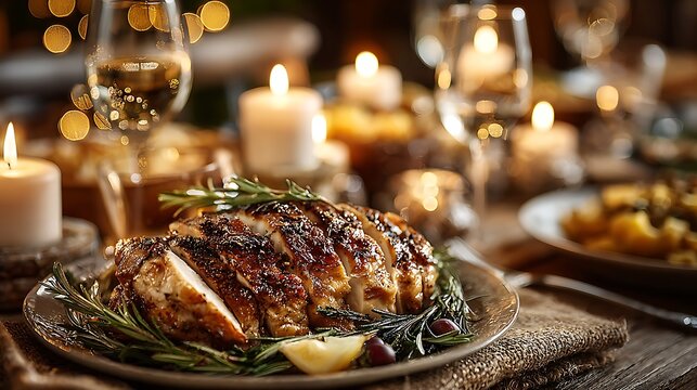 Festive holiday roast dinner with candles and champagne for a celebratory meal