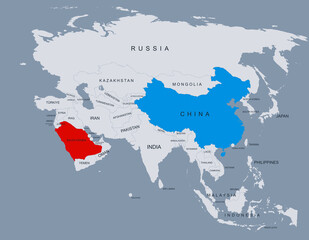 Saudi Arabia and China Highlighted on Asia Map Showing Borders and Locations