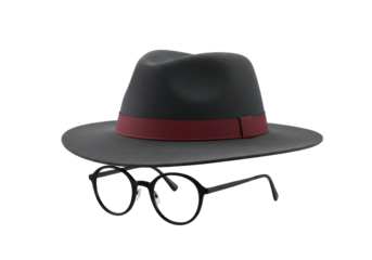 Gray fedora hat with maroon ribbon and round black glasses isolated on transparent background, stylish fashion accessory PNG
