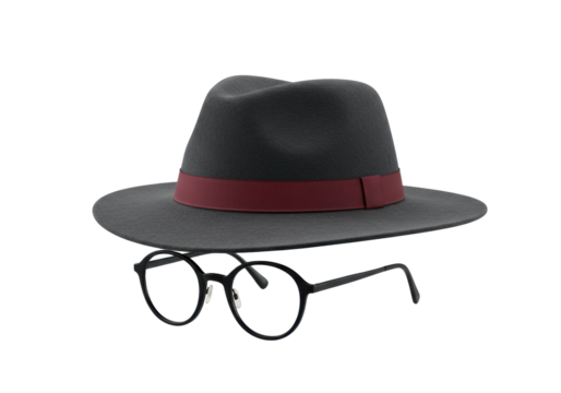 Gray fedora hat with maroon ribbon and round black glasses isolated on transparent background, stylish fashion accessory PNG
