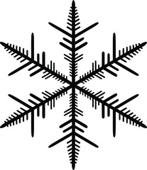 Intricate black snowflake design element with sharp details on transparent background silhouette