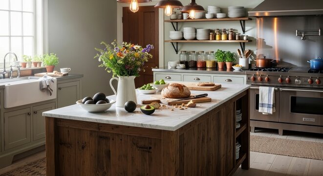 Bright and inviting modern farmhouse kitchen featuring a marble-topped island with fresh avocados and homemade bread, alongside a professional range and open shelving.