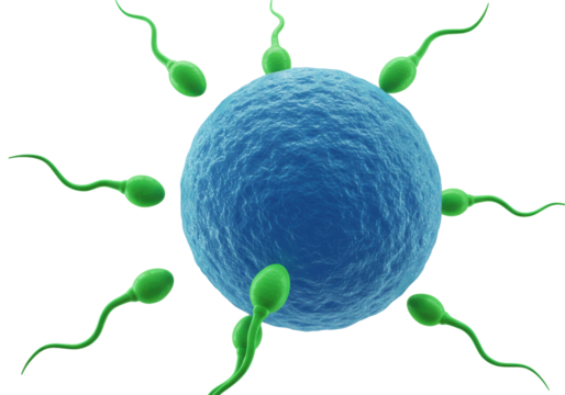 Fertilization with green sperm cells around a blue egg isolated on transparent background, human reproduction concept for medical and scientific use - Powered by Adobe