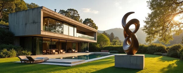 Modern house with concrete exterior and glass walls overlooks garden pool and abstract sculpture. Lush green lawn surrounds estate. Hills and trees in background.