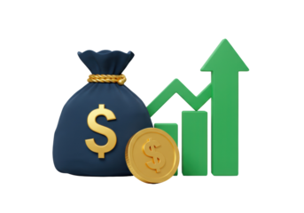 Money bag with dollar sign and green growth chart isolated, financial success and investment concept PNG