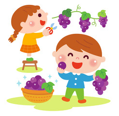 ぶどう狩りをするこどもたちのイラスト