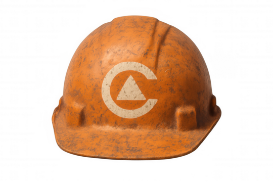 Orange safety hard hat with logo symbol showing protection, construction, and industry on transparent background