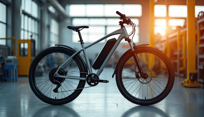 Electric bike in bright modern workshop. Ebike stands indoor ready for tests or showcase. Eco friendly transport with battery, tires and frame parts on industrial background. Innovation concept.