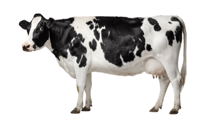 Black and white dairy raw cow standing calmly on a clean isolated on transparent background, Clipart png