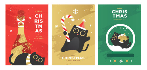 Set of Christmas holiday flat posters with funny cats, champagne bottle, candy cane and snow globe. Christmas greeting card design. Vector illustration