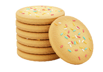 Stack of sugar cookies with colorful sprinkles isolated, delicious baked goods for dessert or snack on a transparent background