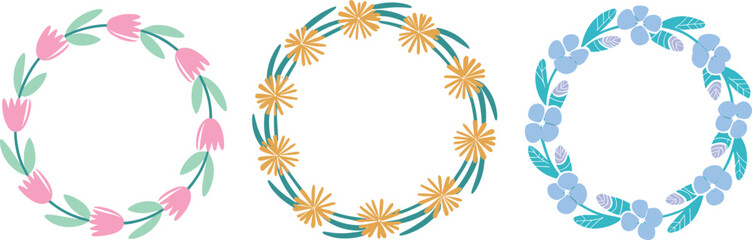 Colorful floral wreath birthday card collection, minimalist flower frames, elegant botanical illustration, cheerful blooms, perfect for greeting cards and invitations