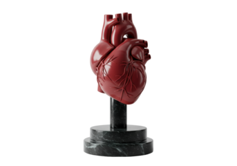 Anatomical heart model isolated on marble stand, detailed medical sculpture for educational purposes and healthcare visualizations