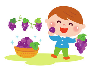 ぶどう狩りをする男の子のイラスト