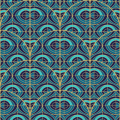 Seamless geometric art deco pattern with blue and gold curved lines creating an elegant modern background