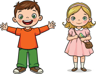 Happy cartoon boy spreading arms and cute girl holding little bird, smiling children standing together, cheerful friendship and childhood illustration