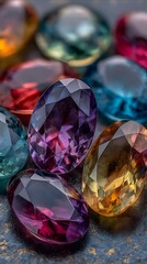 An artistic close-up presents a scattered arrangement of polished, colorful gemstones, showcasing their vibrant hues and intricate facets with a dark textured surface.
