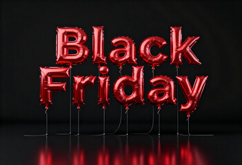 Shiny red foil balloon letters spelling "Black Friday" against a sleek black background. 
