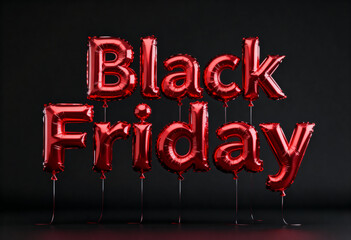 Shiny red foil balloon letters spelling "Black Friday" against a sleek black background. 