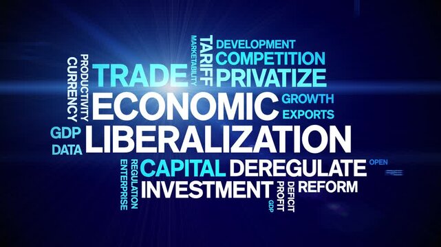 Economic Liberalization animated word cloud-text design animation tag kinetic typography seamless loop.
