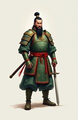 Fototapeta premium Ancient Chinese warrior Guan Yu stands holding sword. Warrior wears ornate green armor with red sash. Figure represents loyalty and strength in history and mythology.