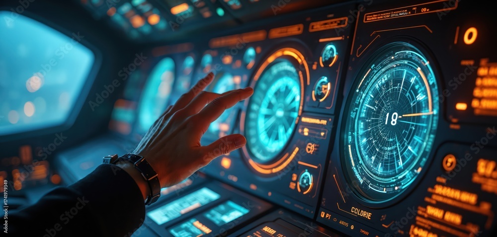 Wall mural close up of human hand interacting with futuristic spaceship console displays showing navigation dat
