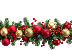 Festive Christmas garland with red and gold ornaments and pine cones.