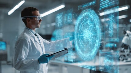 Medical researcher in futuristic lab analyzing data