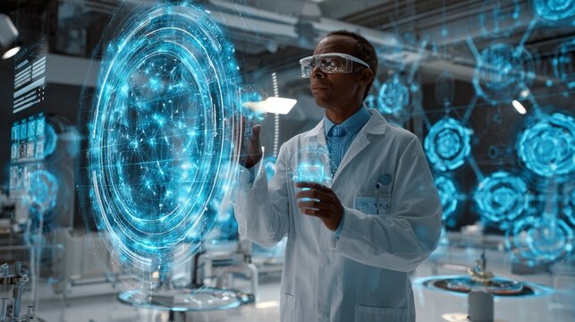 Medical researcher in futuristic lab analyzing data - Powered by Adobe
