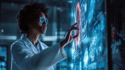 Medical researcher in futuristic lab analyzing data