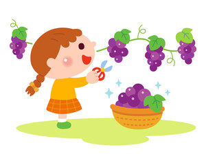 ぶどう狩りをする女の子のイラスト