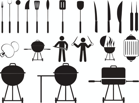 Barbecue grill and tools with pictogram people illustrated on white

