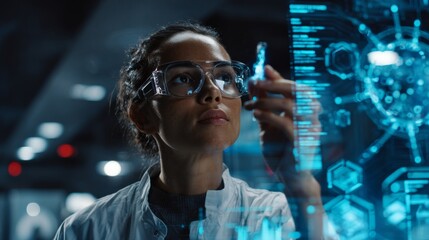 Medical researcher in futuristic lab analyzing data