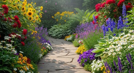 Fototapeta premium Winding stone path through vibrant, sunlit flower garden with various colorful blooms