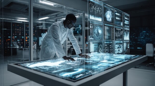 Medical researcher in futuristic lab analyzing data - Powered by Adobe