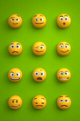 A vibrant collection of twelve emoticons displaying various facial expressions on a green background